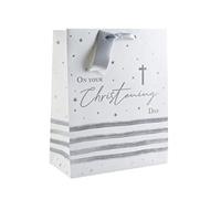 Medium Christening Gift Bag White with Silver Foil Cross Unisex Boy Girl 10x8.5"
