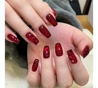 Medium Coffin Press-On Fake Nails Classic Wine Red Cat's Eye Nail Art Decoration Shiny Manciure for Women and Girls 24pcs