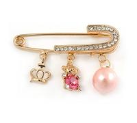 Medium Crystal Safety Pin Brooch with Charms In Gold Plated Metal - 50mm