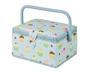 Medium Cupcake Sewing Box, Blue Cupcake Pattern Fabric, 18.5 x 26 x 15cm