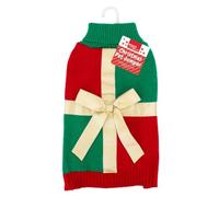 Medium Festive Red Green Gold Present Design Pet Jumper with Harness/Lead Hole - Soft Acrylic Dog Christmas Sweater - Warm & Lightweight Holiday Outfit for Winter Walks & Seasonal Photos