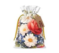Medium Flags and Flowers Print Christmas Drawstring Candy Bags, Reusable Fabric Sacks, Gift Bag for Xmas Holiday Present Wrap