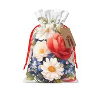 Medium Flags and Flowers Print Christmas Drawstring Candy Bags, Reusable Fabric Sacks, Gift Bag for Xmas Holiday Present Wrap