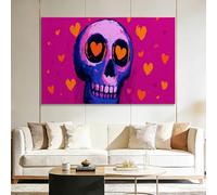 Medium Framed Canvas Wall Art Pop Art Fun Cartoon Heart Eyes Skull Picture Canvas Poster Print Artwork, Elegant Wall Decor for Bedroom, Hallway & Dining Room - 70L x 50W CM