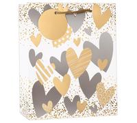 Medium Gift Bag - White with Silver Gold Hearts and Gold Foil Tag 10.5x8.5" Wedding Anniversary