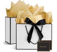 Medium Gift Bags with Wrappers and Cards - 2 Pack, 20x10x28 cm (White-Black) for Birthday, Wedding, Party, Christmas