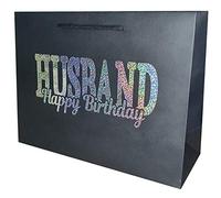 Medium Husband Happy Birthday Gift Bag - Holographic Glitter Gift Bag with Rope Handles and Tissue Paper - Birthday Ideas