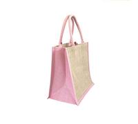 Medium Large Natural Jute Bag with Contrasting Blue Handle and Blue Sides and Natural Jute Bag with Pink Handle and Sides Pack Size 1 to 100 30cm x 30cm x 20cm (Pink Sides & Handles, 3)