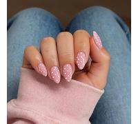 Medium-Length Almond False Nails With High Glossy Finish & White Polka Dots - Reusable Soft Acrylic Press On Set For Women, Easy Application At Home, Long-Lasting Salon Manicure Kit