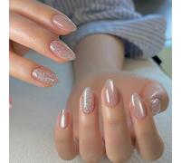 Medium-Length Almond Press-On Nails with Sheer Nude & Silver Glitter Accents - Mixed Design Set Featuring Natural Curvature, 12 Sizes & DIY Tools for Salon-Quality Manicure at Home