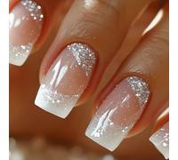 Medium Length French Tip False Nails - 24 Pieces Sparkly Silver Glitter Square Press on Nails - 12 Sizes Fake Nails with Glue - Elegant Full Cover Stick on Nails with Nail File & Nail Sticky Tabs