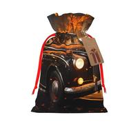 Medium London Black Cab Print Christmas Drawstring Candy Bags, Reusable Fabric Sacks, Gift Bag for Xmas Holiday Present Wrap