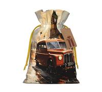 Medium London Color Taxi Print Christmas Drawstring Candy Bags, Reusable Fabric Sacks, Gift Bag for Xmas Holiday Present Wrap