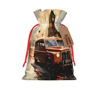 Medium London Color Taxi Print Christmas Drawstring Candy Bags, Reusable Fabric Sacks, Gift Bag for Xmas Holiday Present Wrap
