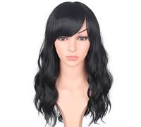 Medium Long Black Wavy Wigs For Women Synthetic Full Hair Natural Black Wigs With Side Bangs For Daily Use 16 Inches (NATURAL BLACK(1#))