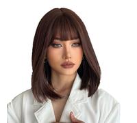 Medium Long Hair Wigs for Women Ladies Brown Bob with Fringe Natural Straight Synthetic Hair 16 Inches,Everyday or Halloween Fancy dress