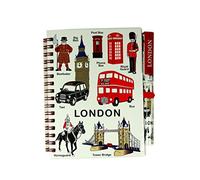 Medium Notebook and Matching Pen Set with London Everything Design Print - London Souvenir Note Pad with images on the front of the notebook and on the Pen of a Bus, Taxi, Royal Guard, Tower Bridge, Big Ben, Telephone Box, Post Box and a Beefeater