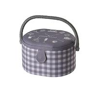 Medium Oval Sewing Box in a Sewing O'Clock Check Fabric | 24 x 20 x 15cm, Storage and Organiser Basket with Compartments for Sewing Supplies, Accessories, Thread, Needles and Scissors