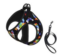 Medium Pet Leash Vest & Dog Autism Awareness Puzzle Pieces Heart Print Harness Set â€“ Soft, Light, Breathable Mesh for Small Dogs & Cats