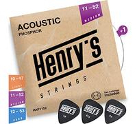 Medium Phosphor Bronze Acoustic Guitar Strings 11-52, 6-String Set | For Beginners And Pro, Extra E1-String, 3 Guitar Picks, Medium Gauge