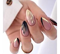 Medium Press on Nails Almond Fake Nails French Tips with Designs Black Leaf False Nails Glossy Full Cover Glue on Nails Artificial Acrylic Nails Stick on Nails for Women and Girls 24Pcs