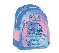 Medium School Backpack Stitch Girl - 42 cm, 100% Polyester, Double Compartment with Zippers, Adjustable Padded Straps, Pink and Blue for School and Back to School