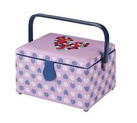Medium Sewing Box in a Purple Fabric with an Embroidered Button Heart Lid | 26 x 18 x 15cm, Storage and Organiser Basket with Compartments for Sewing Supplies, Accessories, Thread, Needles, Scissors
