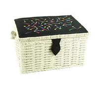 Medium Sewing Box, Wicker Effect with a Multi-coloured Pins Pattern on Black Fabric Lid, 26 x 19 x 15cm