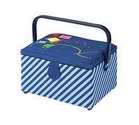 Medium Sewing Box with Compartments in a Striped Blue Fabric with a Rainbow Embroidered Sewing Thread Lid. 18.5 x 26 x 15cm. Sewing Online GA1120M