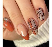 Medium Short Almond Press-On Nails with Terracotta Glitter Leopard Print Design - Various Patterns Including Grid and Heart Motifs for Women's Seasonal Styling, Suitable for Daily Wear and Casual