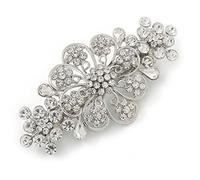 Medium Silver Tone Filigree Diamante Floral Barrette Hair Clip Grip - 70mm Across