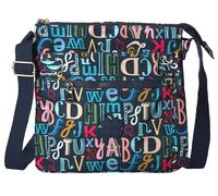 Medium Size Lightweight Fabric Multi Zip Compartment's Womens Messenger Crossbody Shoulder Bag - Ava (Teal Alphabets)