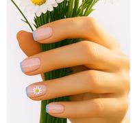 Medium Square French Tip Press On Nails With Blue Edge & Daisy Accent - 24Pcs Glitter Floral False Nails Kit Easy Application Removal Mix Sizes For Women, Soft Pink Base, Casual Manicure Set,