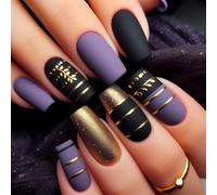 Medium Square Press-On Fake Nails Stylish Gold Line Nail Art Decoration Matte Colorblock Manciure for Women and Girls 24pcs