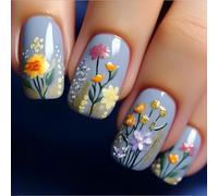 Medium Square Press on Nails with Floral Design, Easy to Apply and Reusable, for Quick Manicures, Botanical Cottagecore Aesthetic Nature-inspired Whimsical Garden (Short Square Flower)