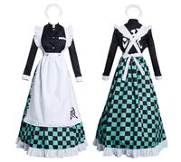 (Medium) Sun Blade Maiden Dress Black&Green Checkered Kimono with Apron, Taisho-era Demon Hunter Cosplay Costume for Women