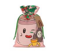 Medium Sunflower seeds and strawberries Print Christmas Drawstring Candy Bags, Reusable Fabric Sacks, Gift Bag for Xmas Holiday Present Wrap