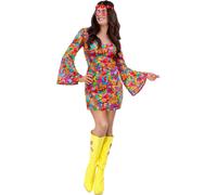 Smiffys 60s Rainbow Peace Hippie Costume for Women, Colourful Psychedelic Mini Dress Flared Sleeves, 1960s Flower Power Fancy Dress Outfit for Retro Parties, Festivals, & Themed Events Medium