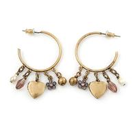 Medium Vintage Inspired Antique Gold Tone Hoop Earrings With Heart, Flower, Freshwater Pearl Charms - 40mm Length