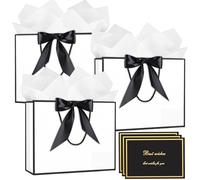Medium White Gift Bag, 3pcs Present Bags 20 x 10 x 28 cm with Handle 6 Tissue Papers and 3 Cards, Bow Ribbon Birthday Party Bags for Weddings, Birthdays, Parties, Valentine's Day and Xmas