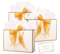 Medium White Gift Bag, 3pcs Present Bags 20 x 10 x 28 cm with Handle 6 Tissue Papers and 3 Cards, Bow Ribbon Birthday Party Bags for Weddings, Birthdays, Parties, Valentine's Day and Christmas