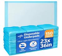 Medline Quilted Disposable Blue Underpads, 23" x 36", Light Absorbency, 150 Count