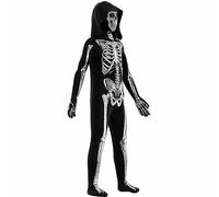 Mednkoku Halloween Skeleton Costume For Children Hooded Long-Sleeved Skeleton Jumpsuit Polyester Soft Skull Printing Scary Halloween Costumes For 51.2-55.1 In Height, Scary Costumes