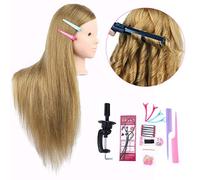 MEDO 26 Inch 50% Real Human Hair Practice Head Synthetic Hair Long Straight Practice Head Doll Cosmetic Manicure Head and Clamp Stand No Makeup (No Makeup, 27) Brown