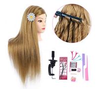 MEDO 26 Inch Straight Makeup Head for Hairdressers and Exercises, Long Training Head, Brown Synthetic Hair with 50% Human Hair, Braiding Head, Doll Head, Cosmetic Head and Clamp (Makeup On, 27)