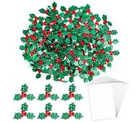 Medo Artificial Holly Berries Leaves, 100 Pcs Christmas Holly Berry with Green Leaves Glitter Holly Leaves and Red Berries with 120 Pcs Sticky Dots for Christmas Craft, Gift, Card, Wall Decorations