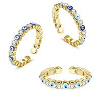 MEDSEF 14K Gold Plated Cubic Zirconia Colorful Evil Eye Ring,Adjustable Stackable Rings Minimalist Protection Jewelry (3PCS Gold)