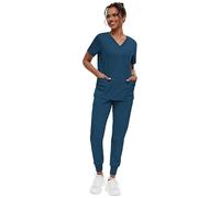 MEDSKIN Performance Scrubs Set for Women - Stretch V-Neck Scrub Top & Jogger Trouser Pants with 8 Pockets (Caribbean Blue, 3XL)
