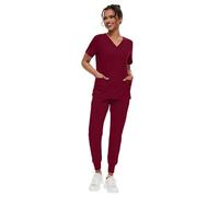 MEDSKIN Women's Medical Scrubs Set Uniform - Stretch V-Neck Scrub Top & Jogger Trousers with 8 Pockets, Yoga Waistband & Performance Fabric (Burgundy, M)