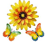 Meduofon Metal Flowers Wall Decor and Butterfly Wall Art, 3 Pack Metal Outdoor Wall Art Decor, Fence Art Wall Sculptures for Indoor Outside Garden Patio Decorations (Yellow&Green)